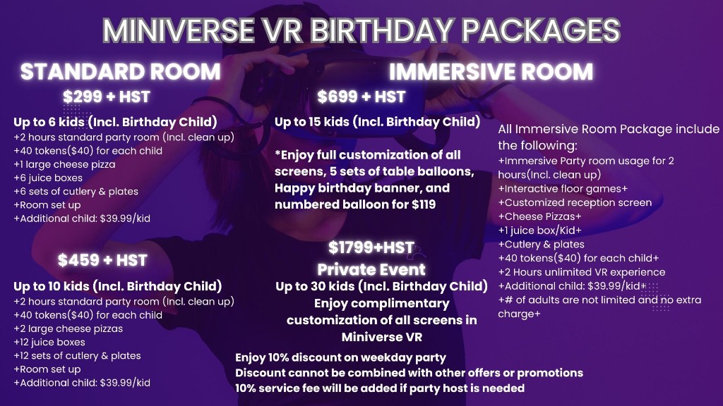 Miniverse VR Birthday Packages pricing